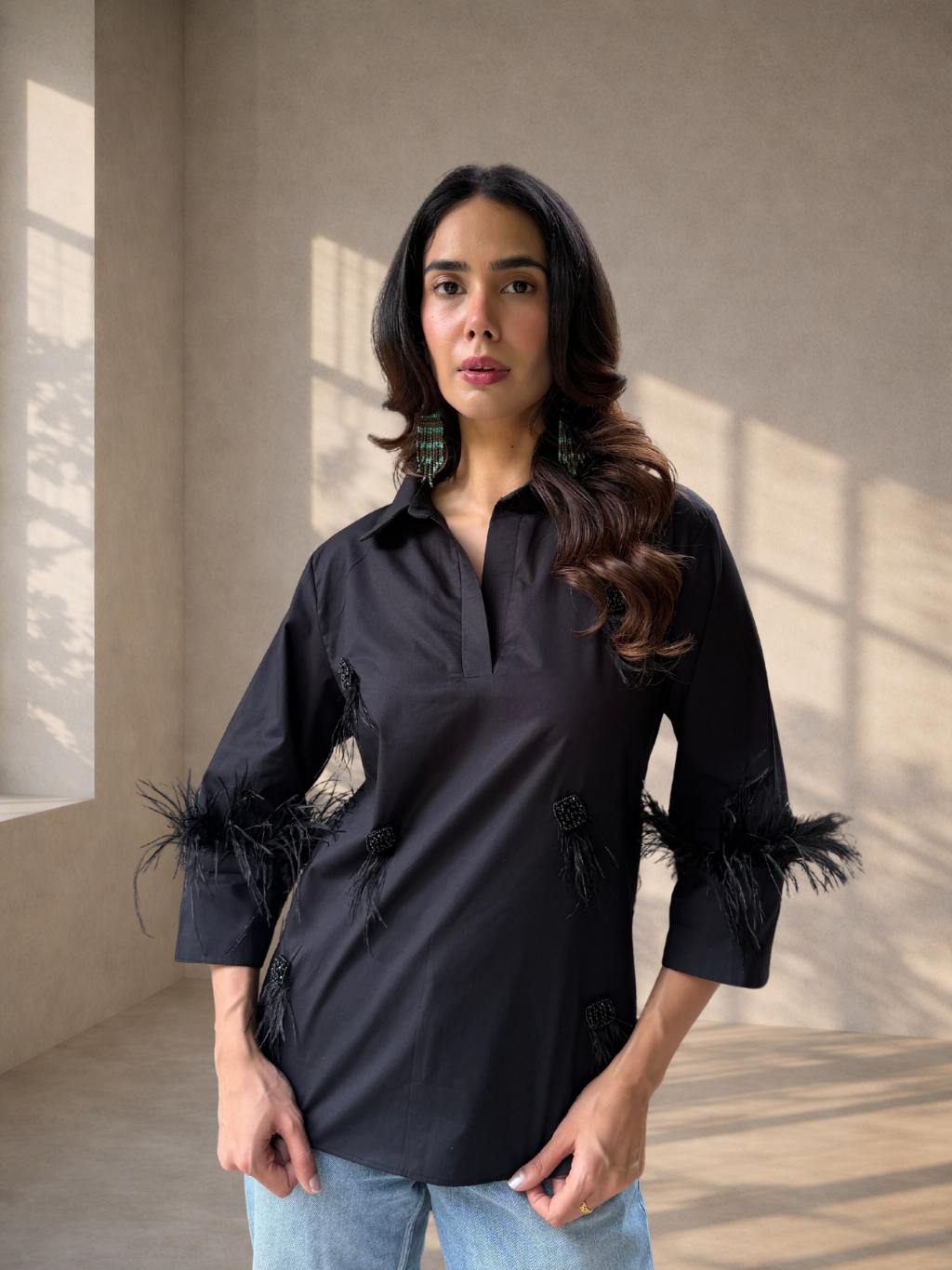 Premium Cotton Shirt with Ostrich Feather Trim On Cuff- Black