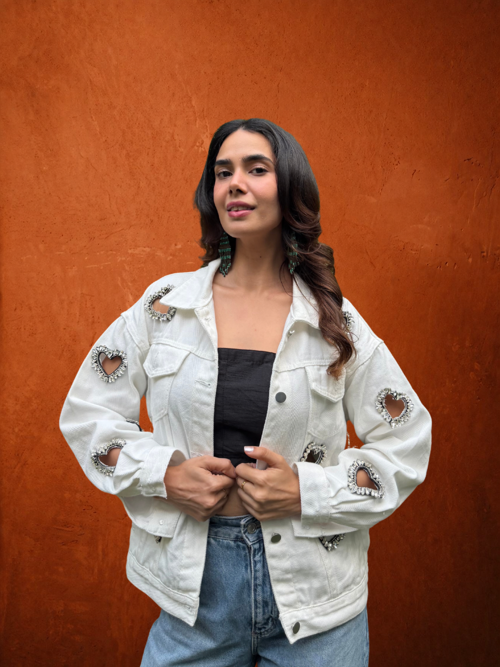 Denim Jackey White With Crystal Heart Embellished Cut Out