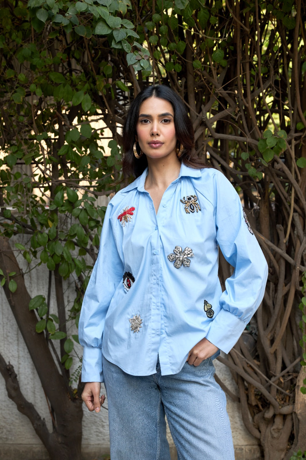 Embellished Patchwork Shirt - Sky Blue