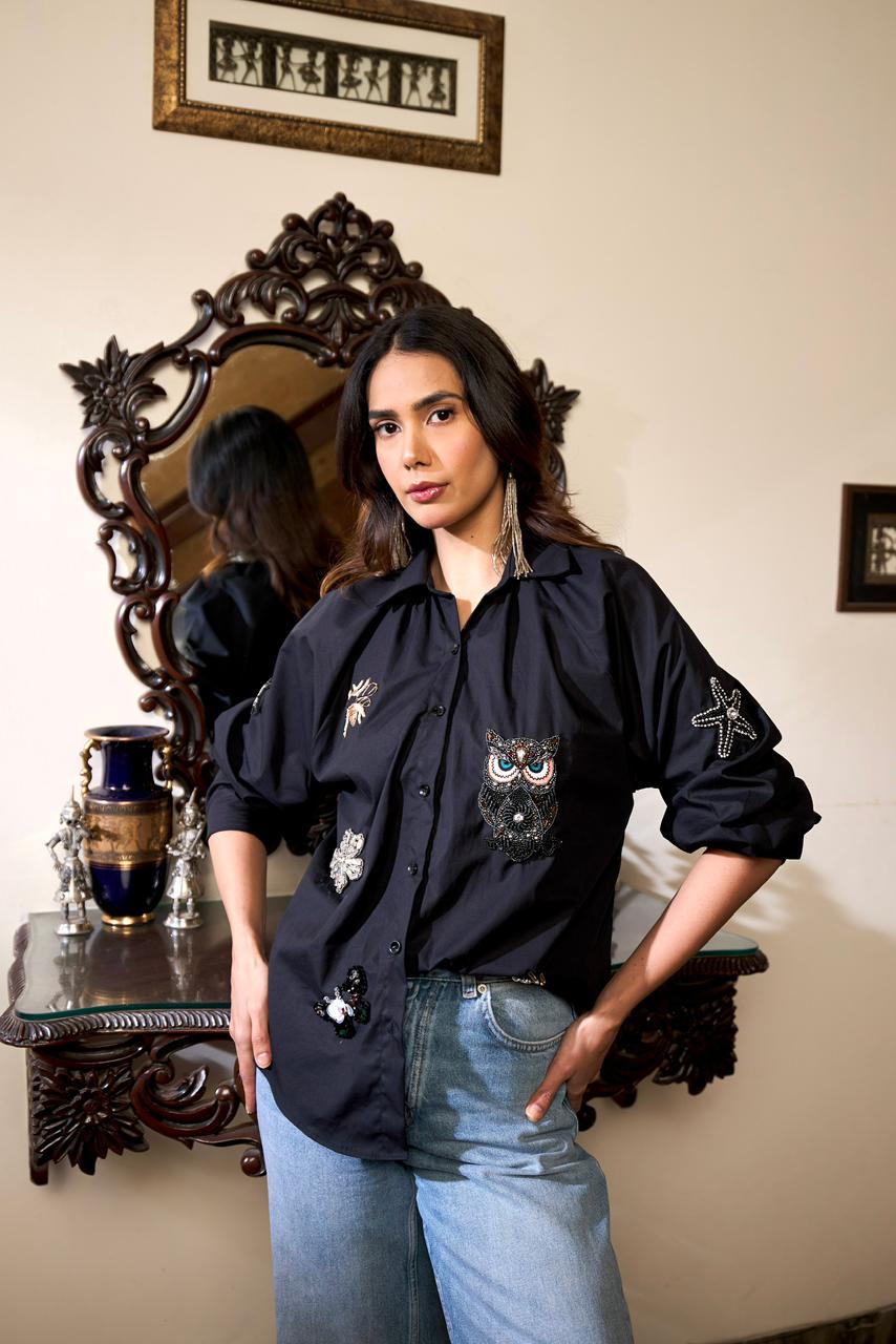 Embellished Patchwork Shirt - Black