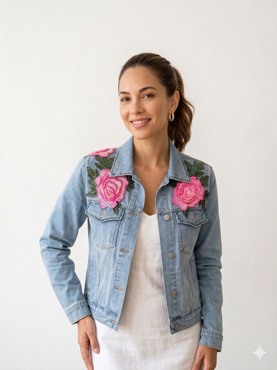 Denim Jacket Blue With Flower Patch