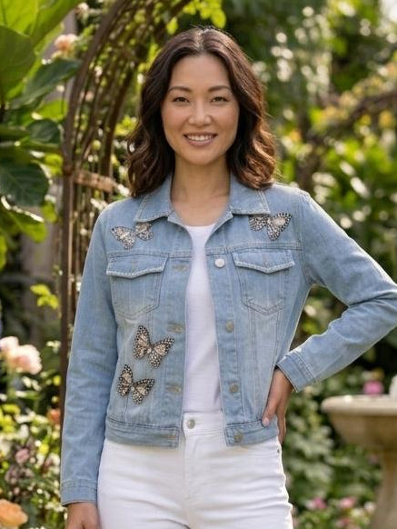Denim Jacket light Blue With Crystal Embellished Butterflies and Embellished Collar & Pocket