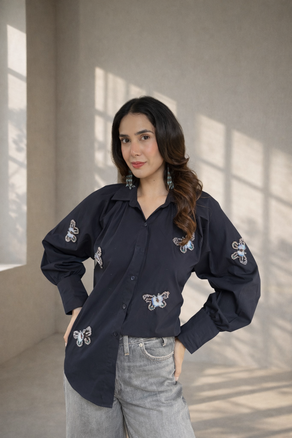 Embellished Patchwork Shirt - Navy Blue