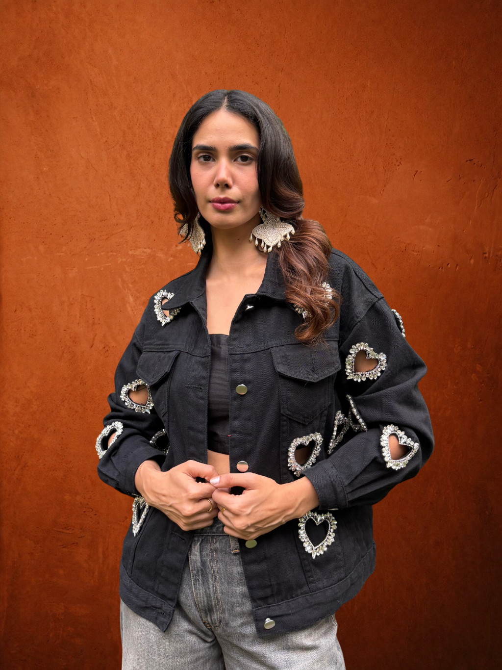 Denim Jackey Black With Crystal Heart Embellished Cut Out