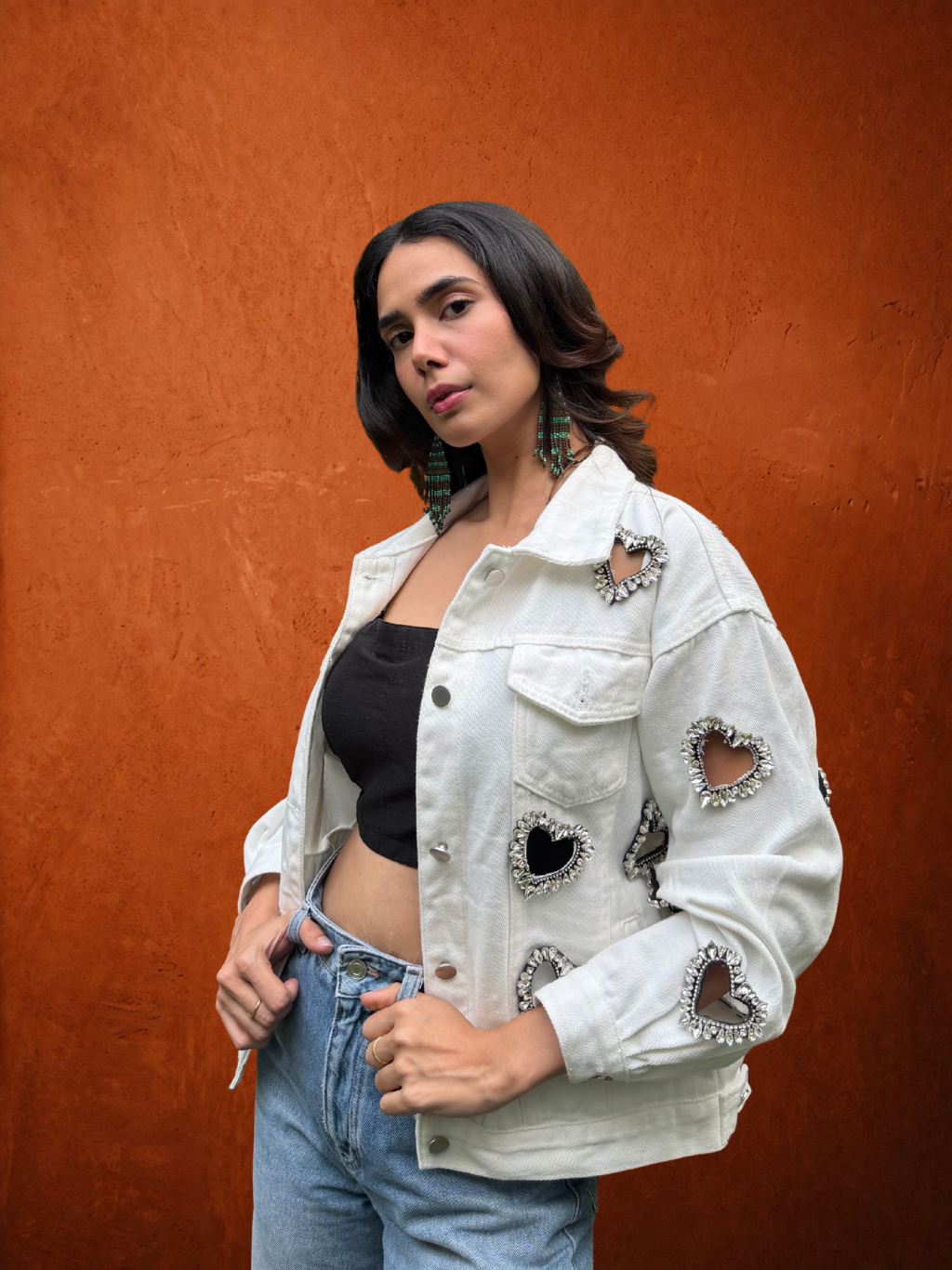 Denim Jackey White With Crystal Heart Embellished Cut Out