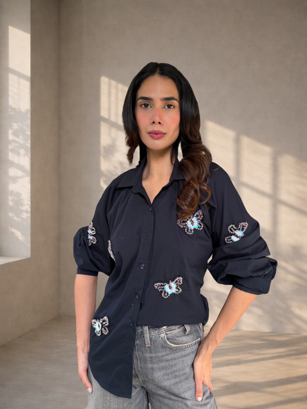 Embellished Patchwork Shirt - Navy Blue