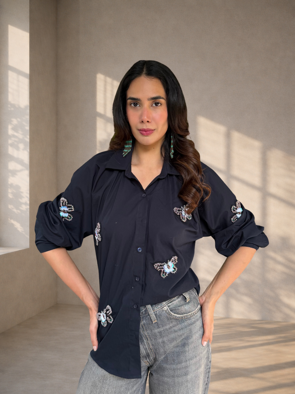 Embellished Patchwork Shirt - Navy Blue
