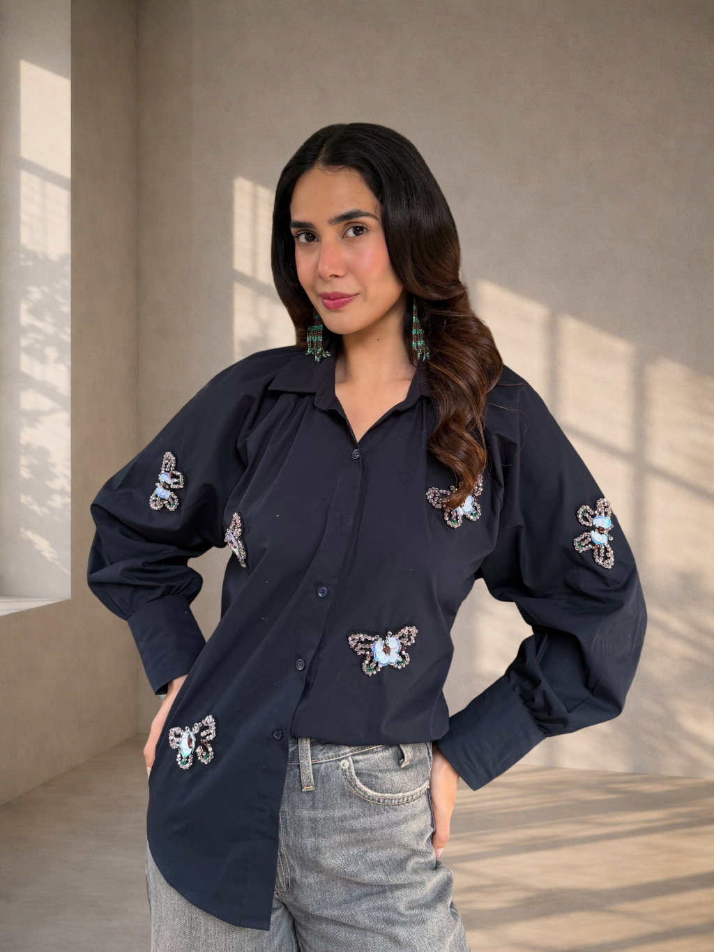 Embellished Patchwork Shirt - Navy Blue
