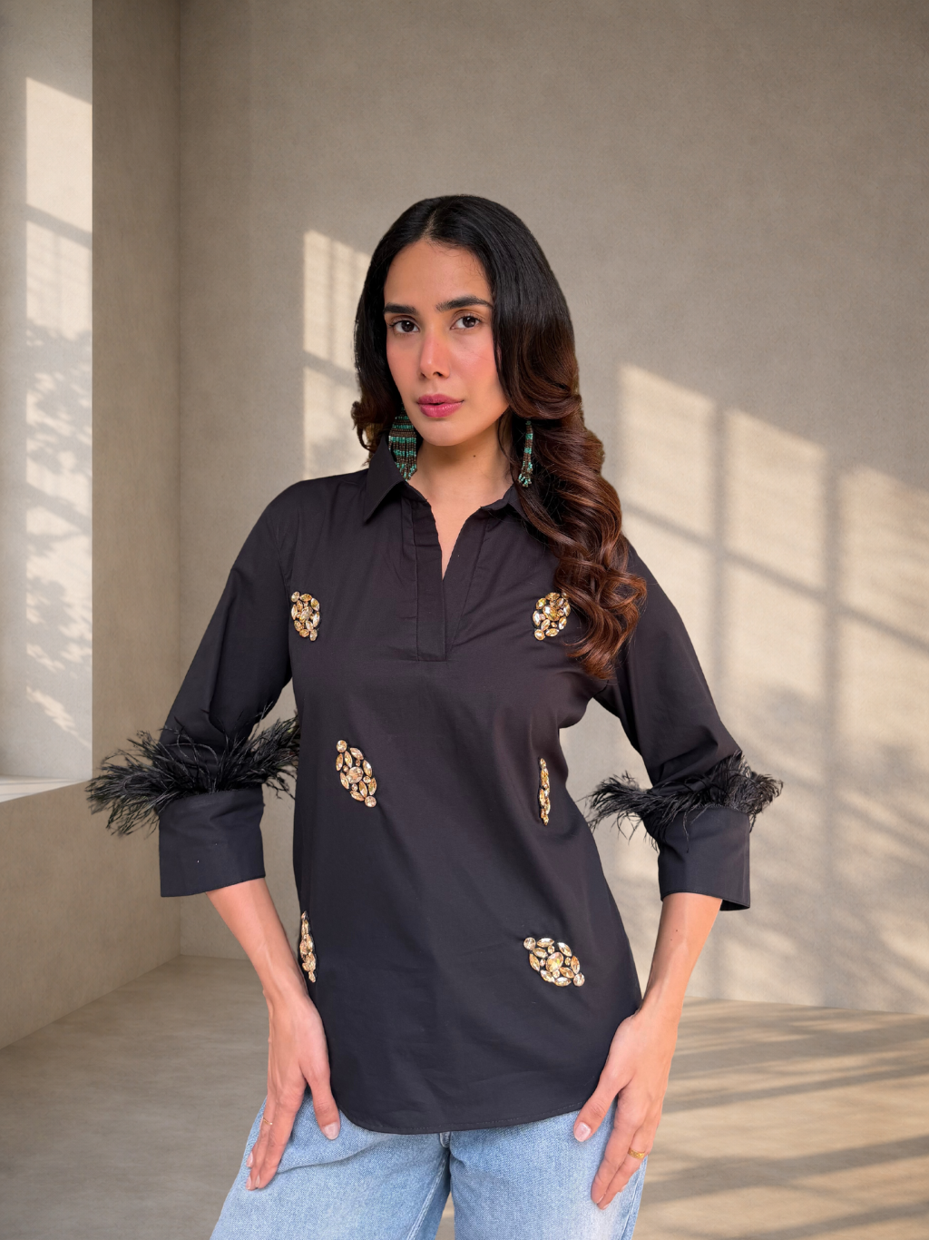 Premium Cotton Shirt with Ostrich Feather Trim On Cuff- Black