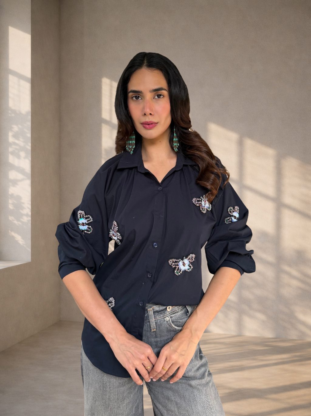 Embellished Patchwork Shirt - Navy Blue