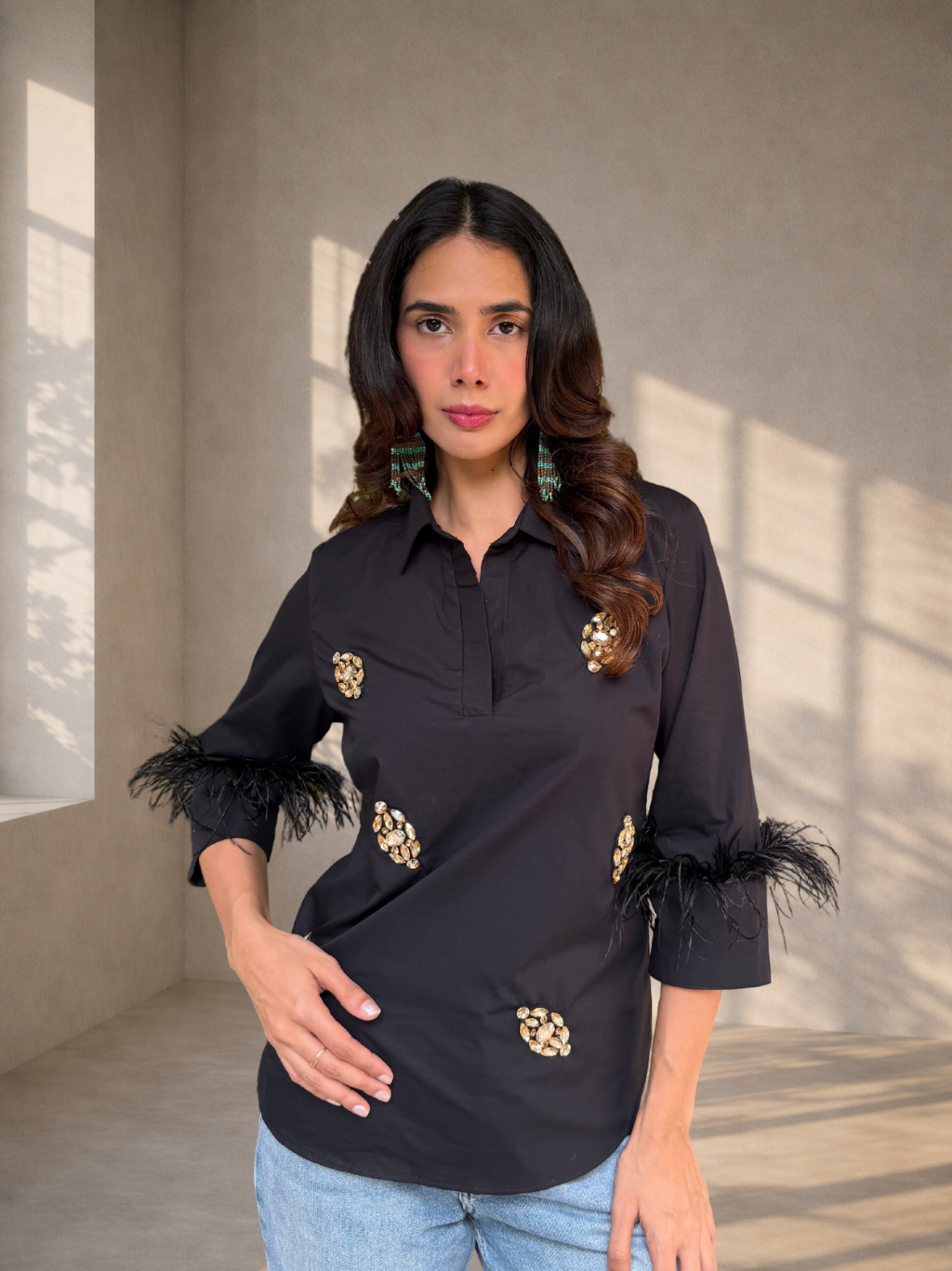 Premium Cotton Shirt with Ostrich Feather Trim On Cuff- Black