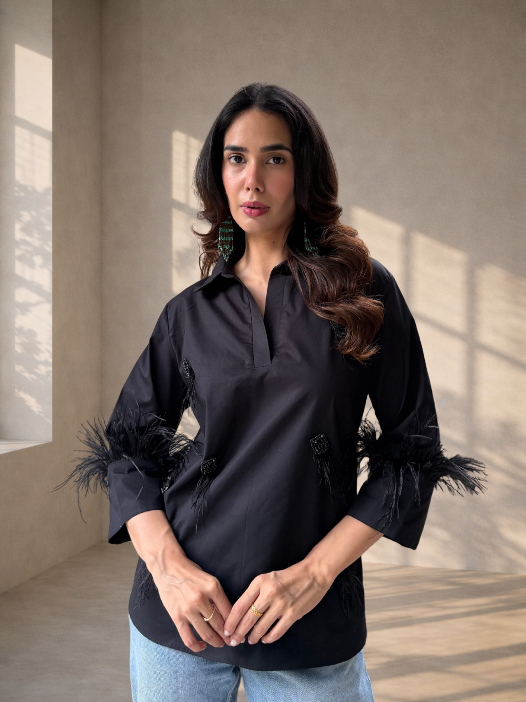 Premium Cotton Shirt with Ostrich Feather Trim On Cuff- Black