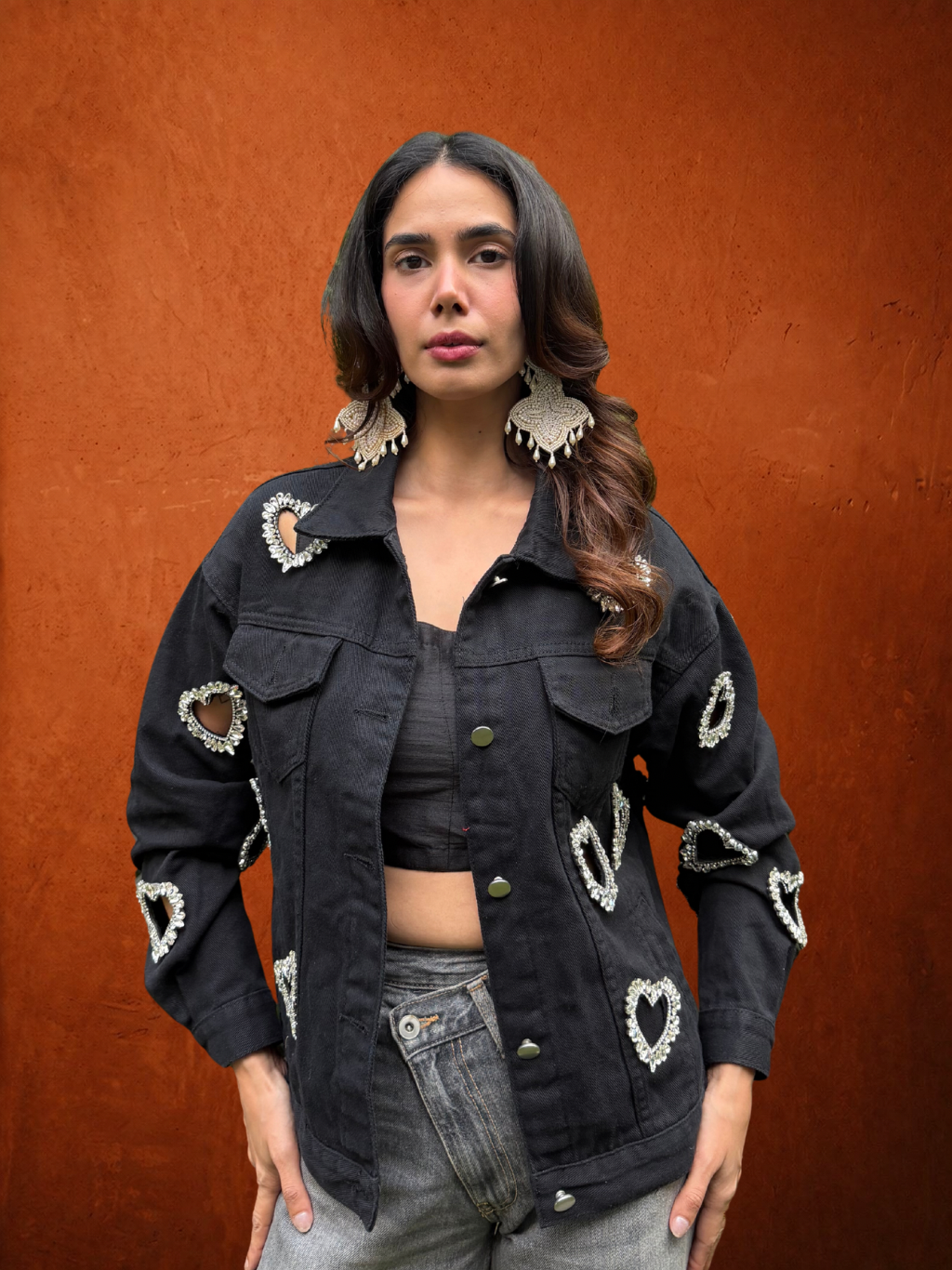 Denim Jackey Black With Crystal Heart Embellished Cut Out