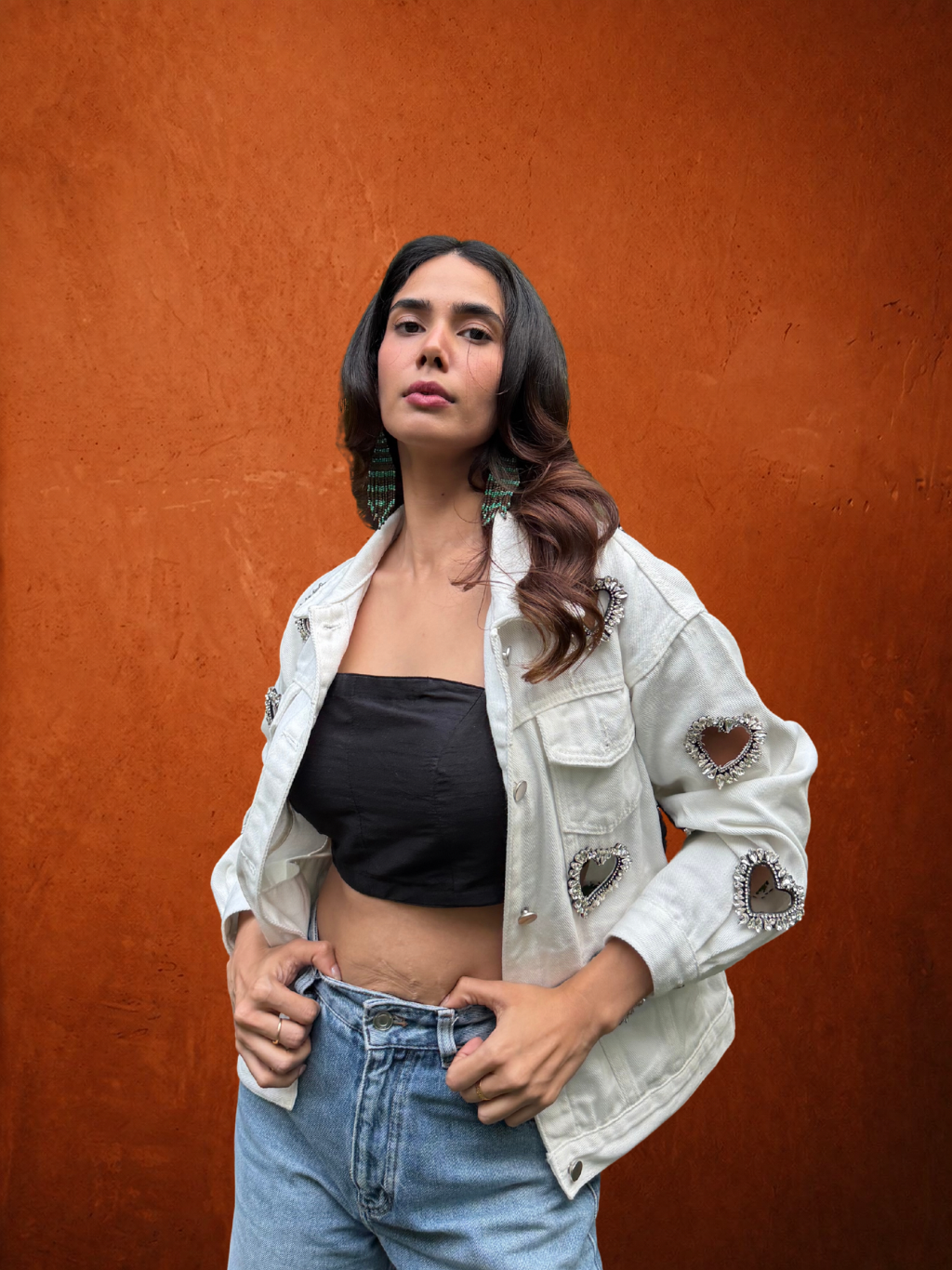 Denim Jackey White With Crystal Heart Embellished Cut Out