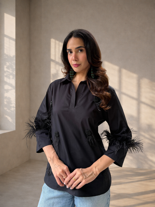 Premium Cotton Shirt with Ostrich Feather Trim On Cuff- Black