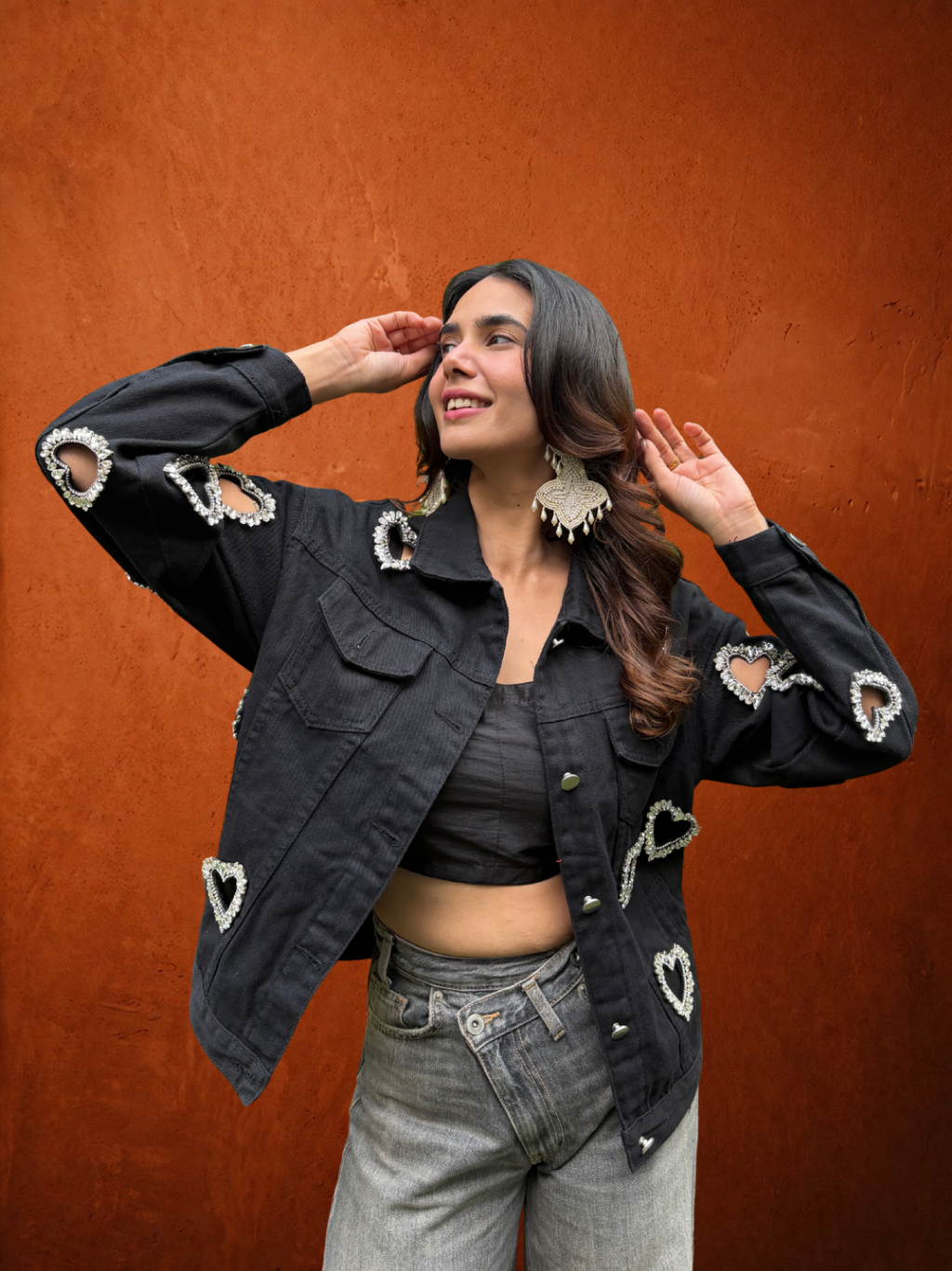 Denim Jackey Black With Crystal Heart Embellished Cut Out
