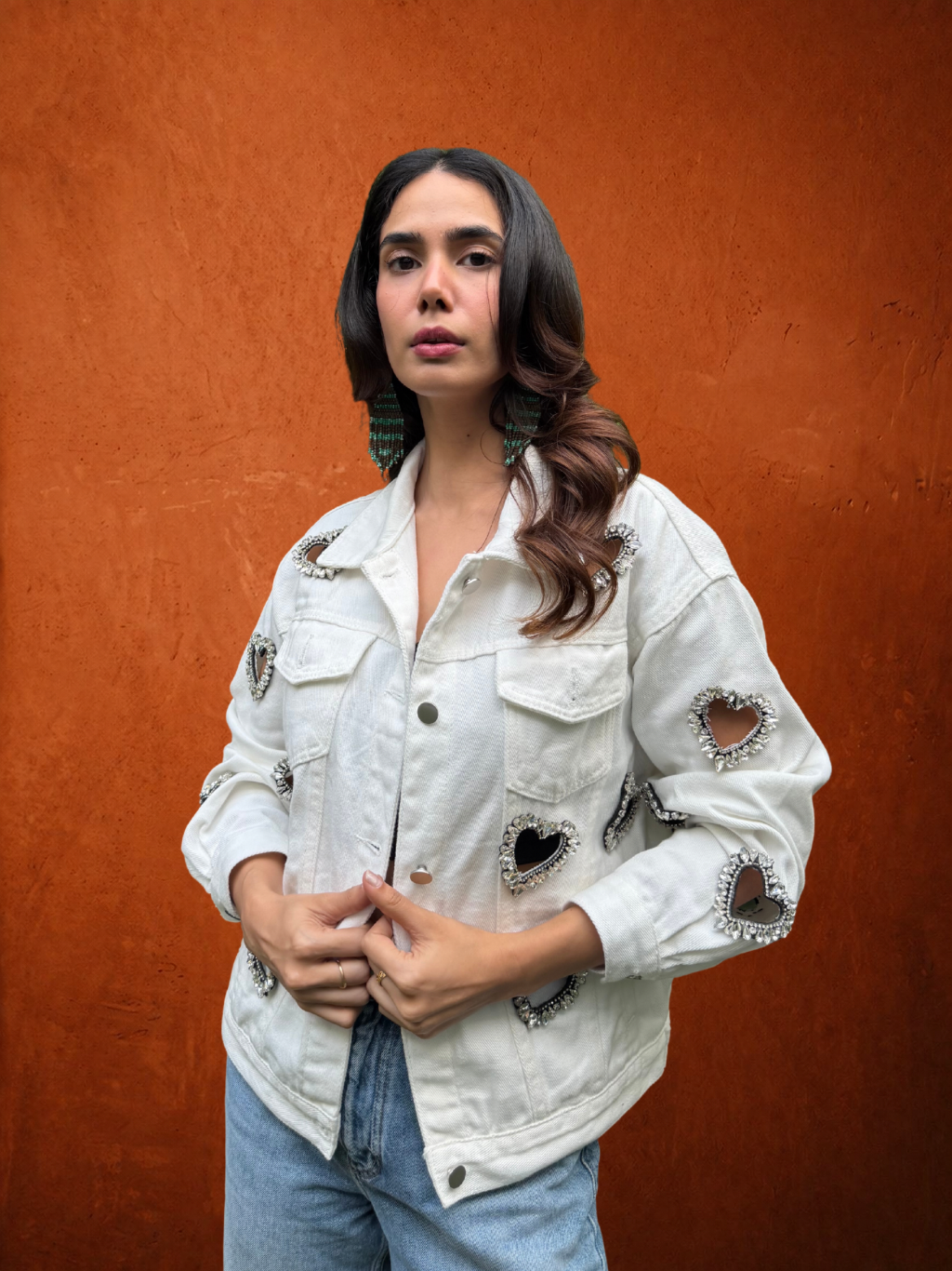 Denim Jackey White With Crystal Heart Embellished Cut Out