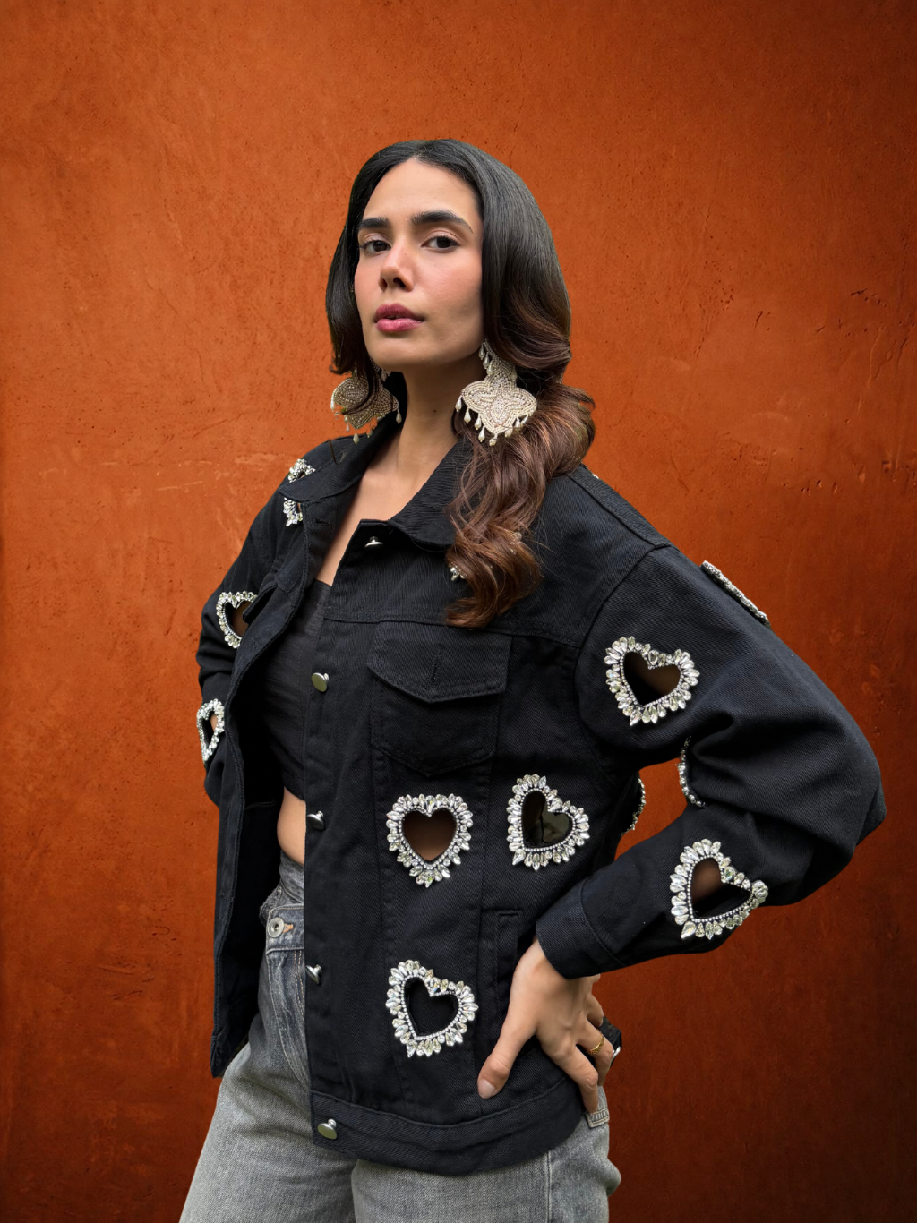Denim Jackey Black With Crystal Heart Embellished Cut Out