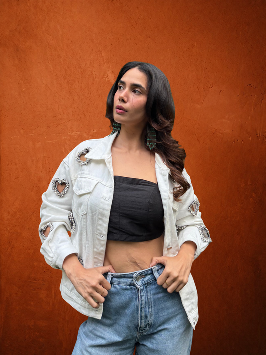Denim Jackey White With Crystal Heart Embellished Cut Out