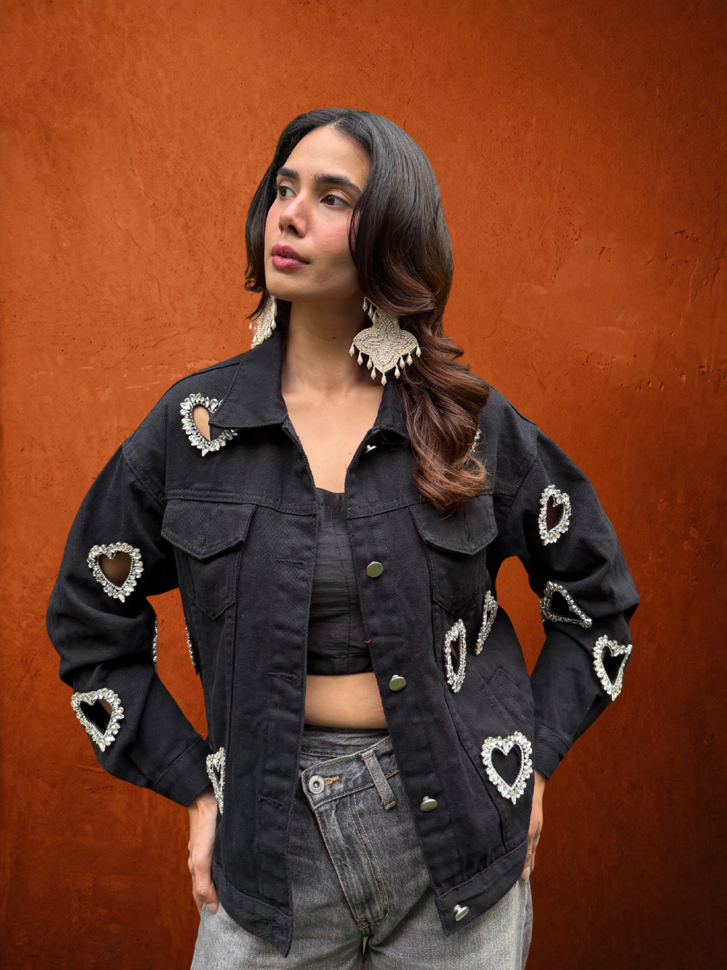 Denim Jackey Black With Crystal Heart Embellished Cut Out