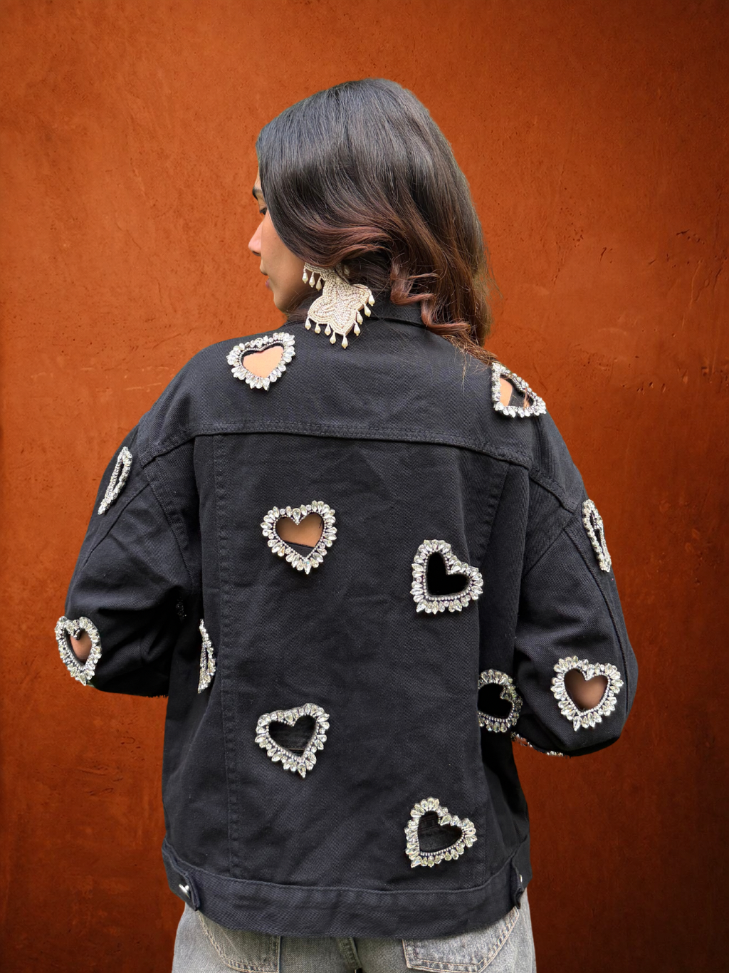 Denim Jackey Black With Crystal Heart Embellished Cut Out