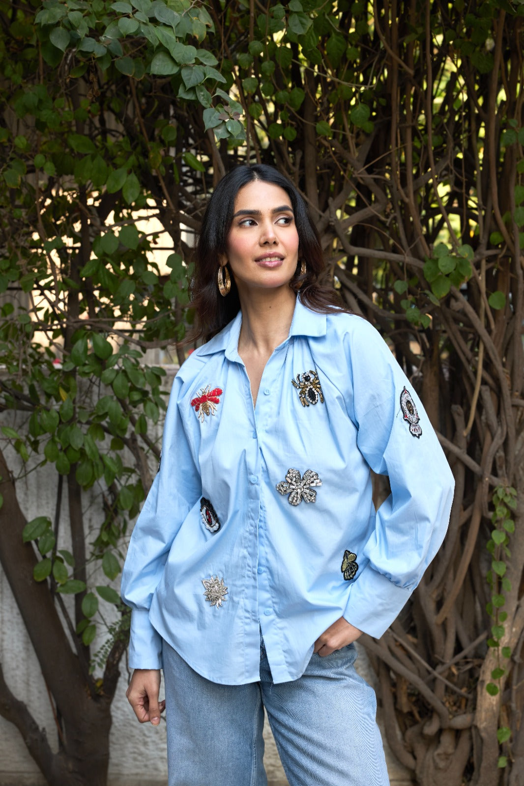 Embellished Patchwork Shirt - Sky Blue