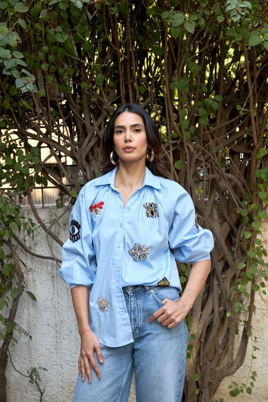 Embellished Patchwork Shirt - Sky Blue