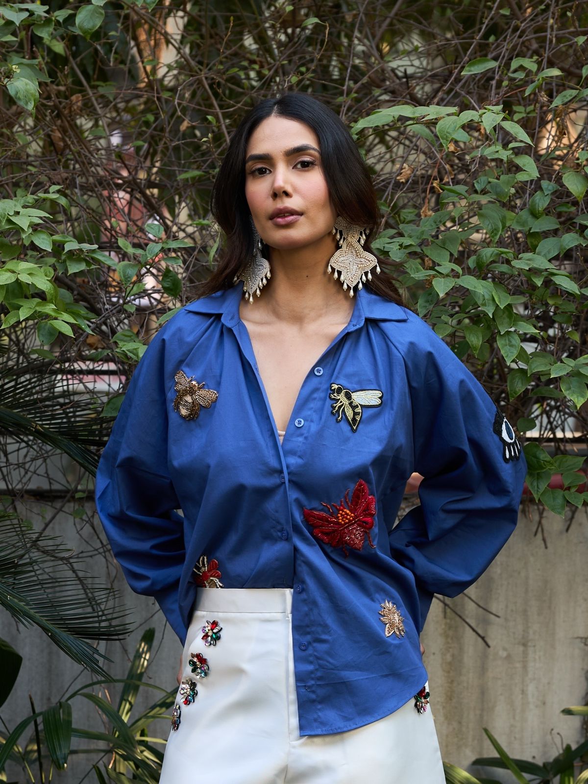 Embellished Patchwork Shirt - Royal Blue