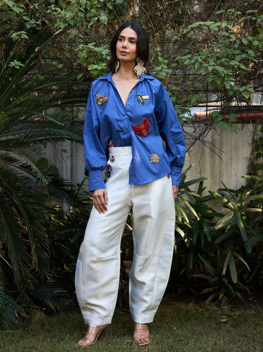 Embellished Patchwork Shirt - Royal Blue