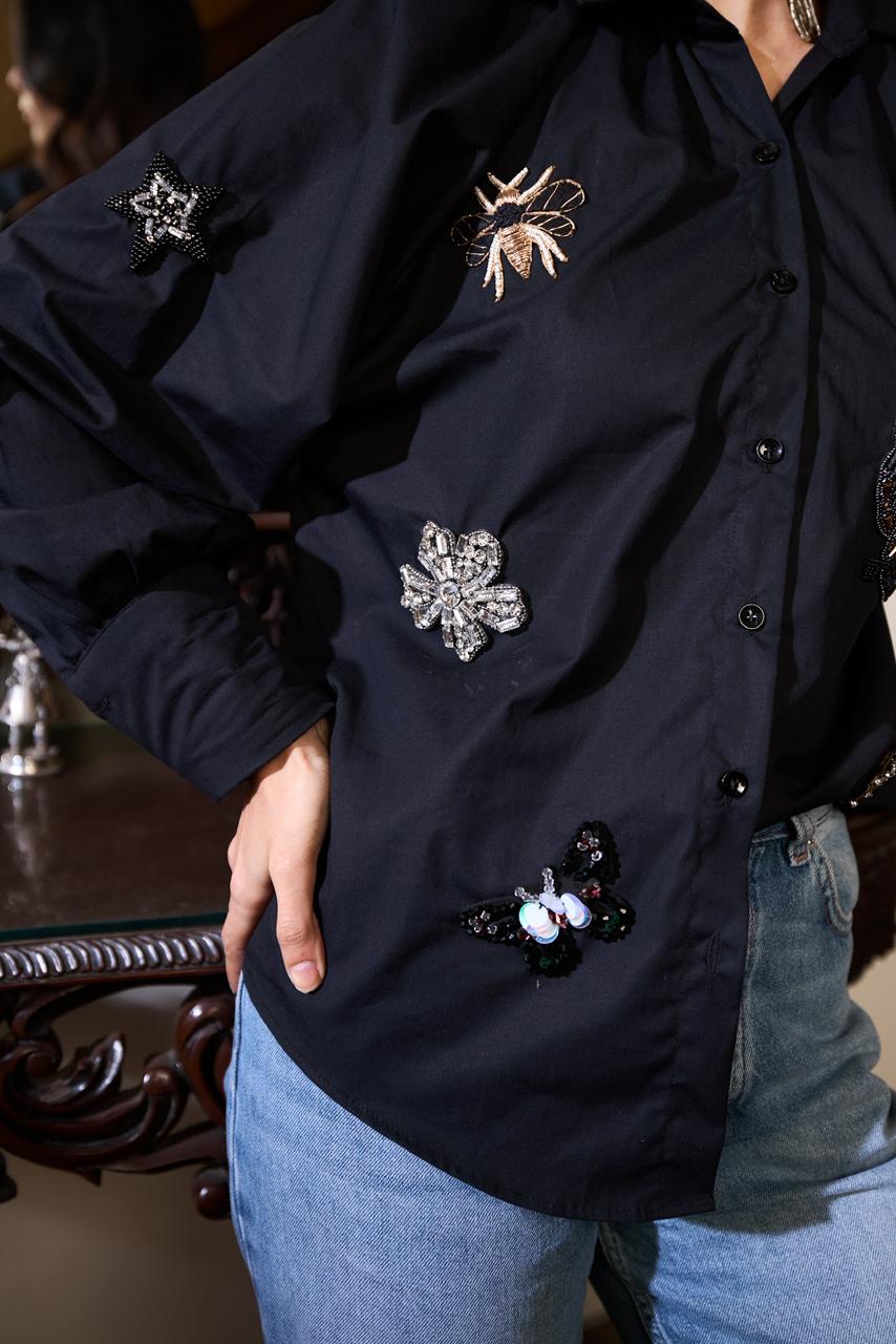 Embellished Patchwork Shirt - Black