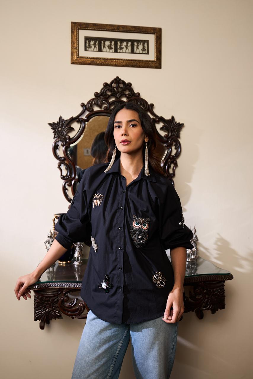 Embellished Patchwork Shirt - Black