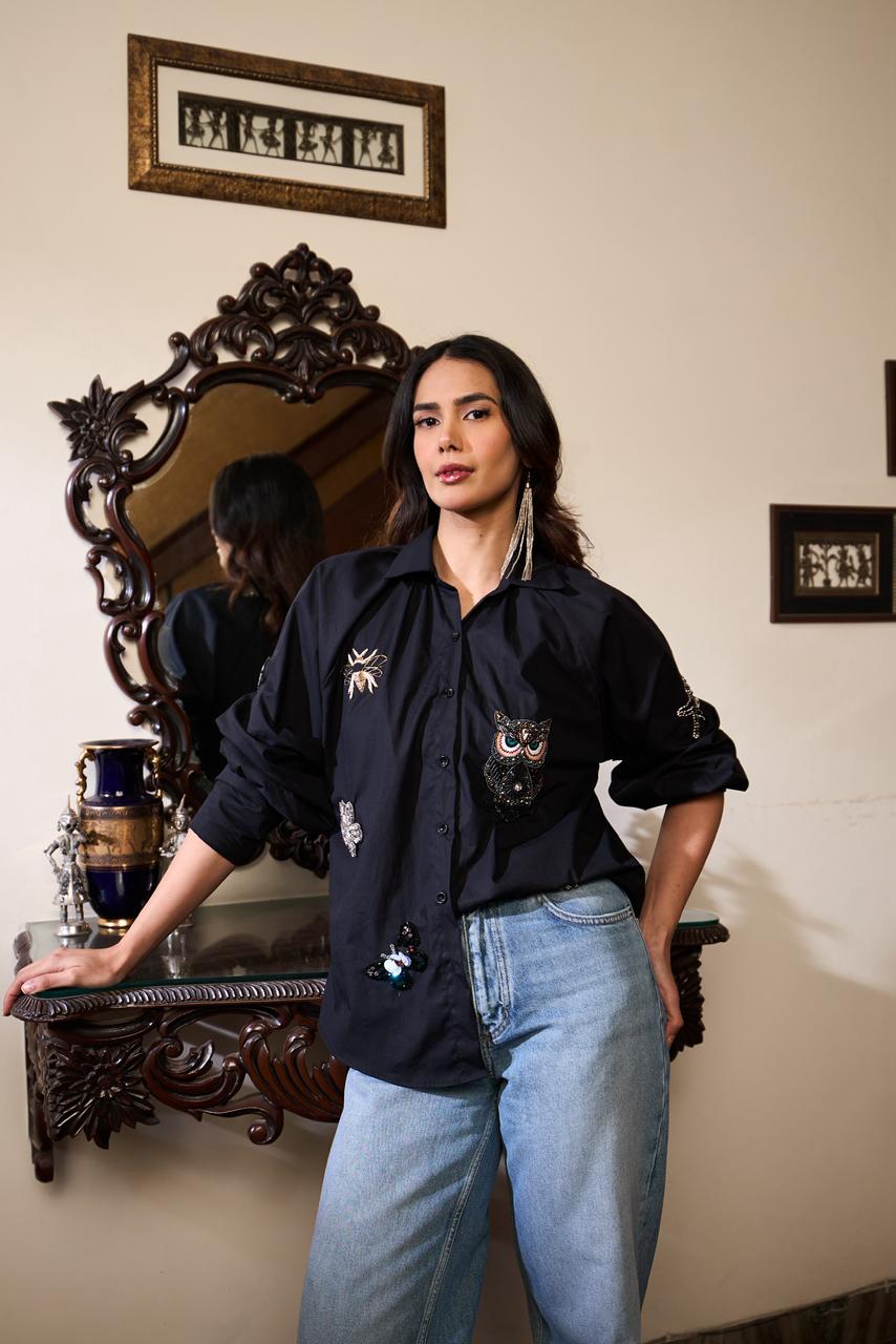 Embellished Patchwork Shirt - Black