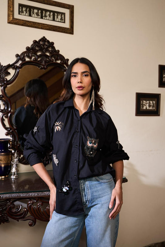 Embellished Patchwork Shirt - Black