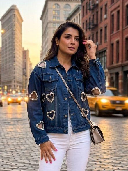 Denim Jacket Blue With Crystal Heart Embellished Cut Out