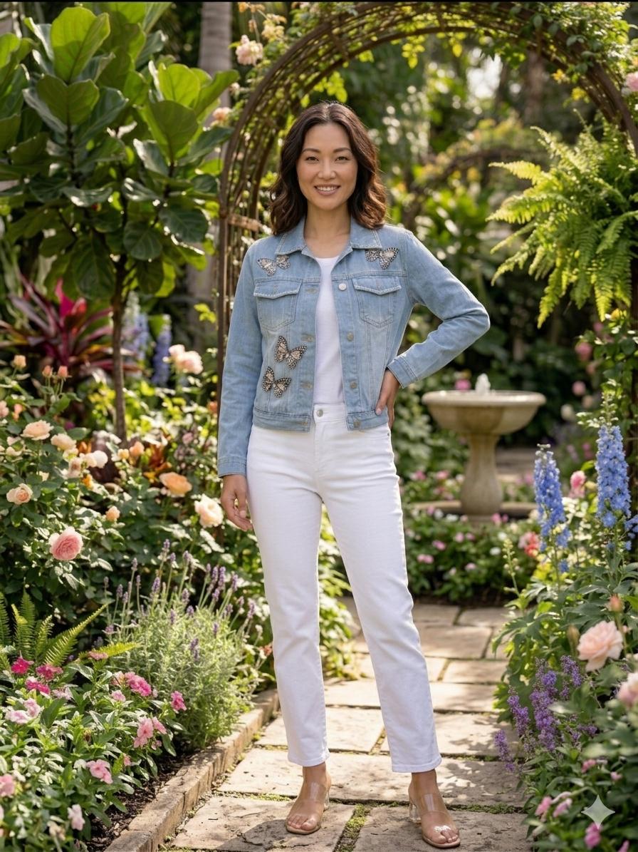 Denim Jacket light Blue With Crystal Embellished Butterflies and Embellished Collar & Pocket