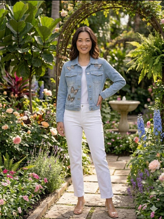 Denim Jacket light Blue With Crystal Embellished Butterflies and Embellished Collar & Pocket